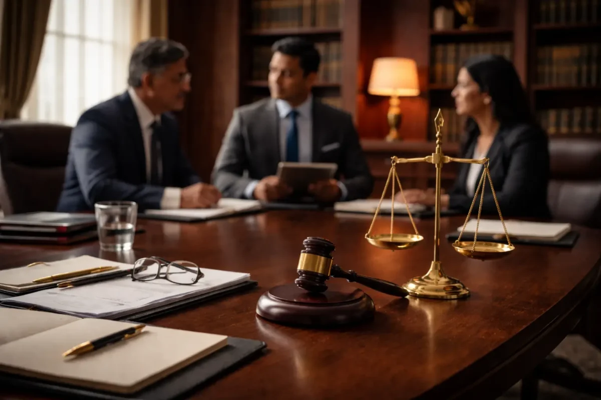 Indian lawyers discussing legal strategy in a modern law office with scales of justice and gavel on table